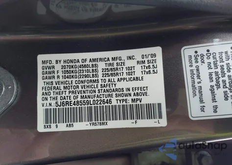 2009 Honda Cr-V Ex z USA, uszkodzony, nr VIN 5J6RE48559L022646